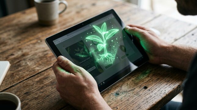 Hands holding tablet showing leaf design