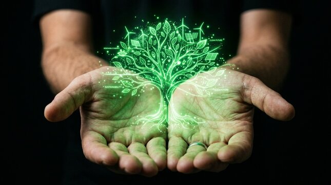 Hands holding glowing green planet with wind turbines