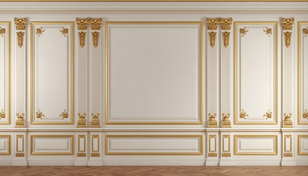 Elegant classical wall paneling with white boiserie molding and ornate gold decorative cornices and frames