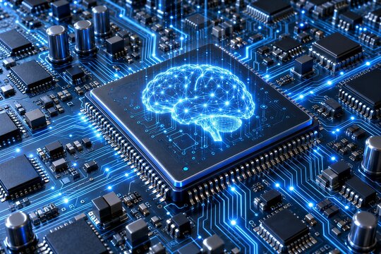 Integrated Circuit Chip on Circuit Board with Glowing Holographic Brain Symbol for Artificial Intelligence and Neural Computing.
