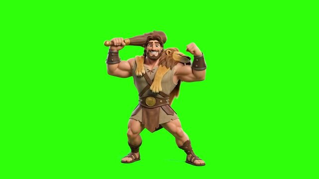 A strong 3D animated caveman or Hercules hero character flexing his bicep and holding a wooden club over his shoulder on a chroma key green screen. Great for prehistory videos, ancient myth animations