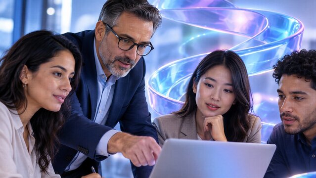 Experienced ERP Consultant Guides Multicultural Team in Cocreation, Displaying Holographic Helix for Strategic Automation and Inventory Planning