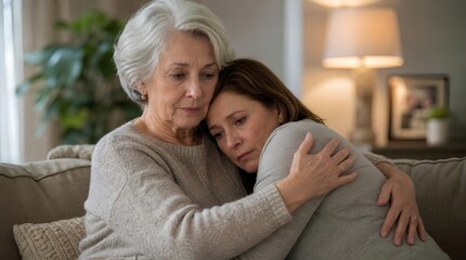 Fototapeta premium Senior woman embracing her adult daughter on a soft fabric sofa in a warmly lit living room, both sharing a somber emotional moment of comfort and quiet sadness