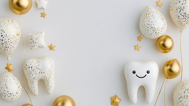 Cute smiling tooth with gold balloons dental celebration