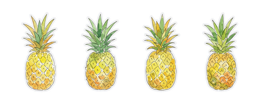 Watercolor style illustration showing a horizontal line of four fresh yellow pineapples isolated on a clean white background