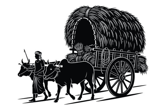 Farmer driving bullock cart loaded with hay animal drawn agriculture transport
