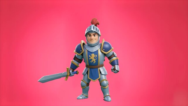 Detailed 3D CGI rendering of a medieval knight in plate armor holding a sword isolated on a solid red background. Great for dynamic action promos, fantasy trailers, game commercials, and video editing