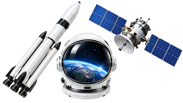 Space exploration equipment with rocket astronaut helmet and satellite isolated on white background