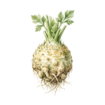Watercolor illustration of a fresh celeriac root vegetable isolated on white