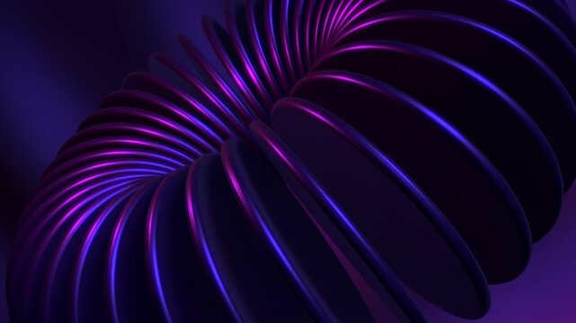 Vibrant purple toroid ring loop, glowing magenta metallic plates rotation, gorgeous dark abstract background, seamless futuristic motion graphic videos