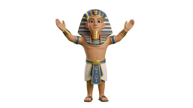 A 3D animated character of an ancient Egyptian pharaoh stands with arms spread wide in a welcoming or powerful posture on a white background. Great for educational content, game assets, advertisements