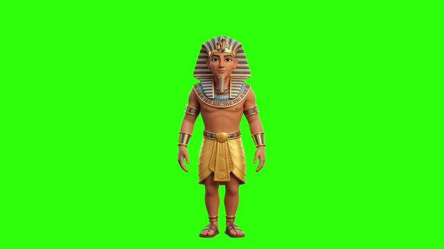 A 3D animated Egyptian pharaoh character wearing a traditional nemes headdress, golden collar, and nemes skirt, standing in a confident posture on a chroma key green background. Great for history visu