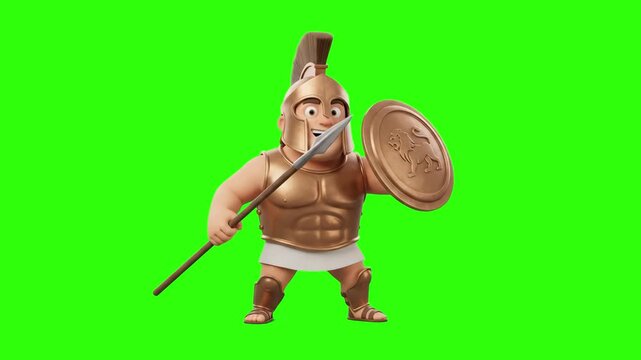 3D stylized ancient Greek Spartan warrior in golden armor with a helmet holding a spear and round shield isolated on a studio chroma key green background. Perfect for historical mobile strategy games,