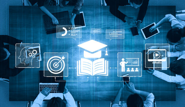 Modern Business Meeting on Workforce Development with Digital Icons Representing Education, Learning, Strategy, and Technology Implementation. Bitwise.