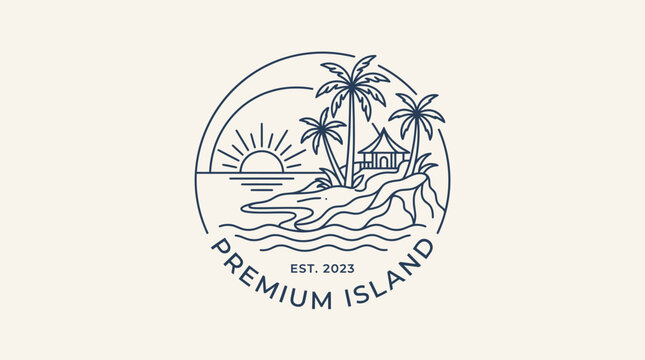 Tropical island beach seal logo with palm trees.