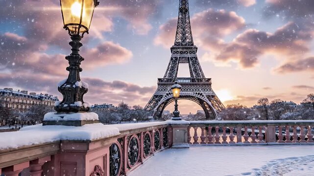 Snowy Parisian Bridge Framing the Eiffel Tower Under a Colorful Sunset Sky