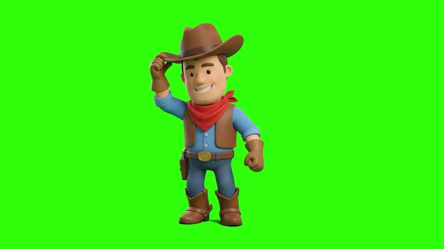 A 3D animated cartoon character of a friendly cowboy wearing a brown hat, red neckerchief, and blue denim outfit, tipping his cowboy hat in a greeting pose, set against a bright chroma key green scree