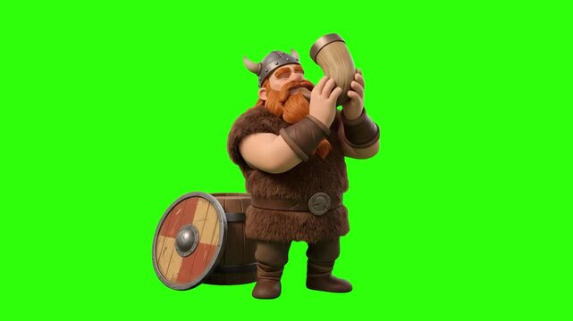 A 3D animated cartoon character of a red-bearded Viking warrior wearing a horned helmet and fur cape, blowing a war signal horn next to a wooden shield, set against a bright chroma key green screen ba