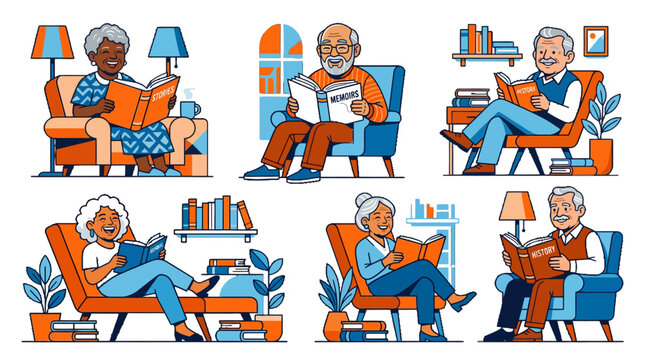 Seniors reading books in armchairs and outdoor parks.