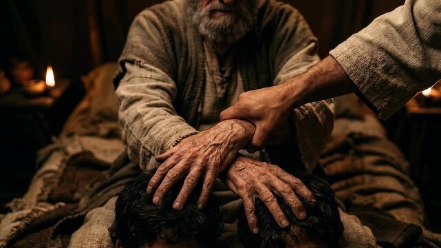 Isaac Blesses Jacob in a Sacred Biblical Genesis Scene Symbolizing Inheritance Covenant Faith Family Deception Prophecy Destiny Patriarchal Tradition Divine Promise and Ancient Hebrew Heritage Spiritu