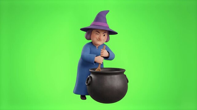 A 3D animated cartoon character of a witch wearing a purple pointy hat and blue robe, stirring a bubbling magic potion inside a black cauldron, set against a bright chroma key green screen backdrop. G