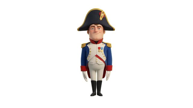 Detailed 3D CGI rendering of a historic military commander character in a uniform and bicorne hat isolated on a solid white background. Ideal for historical documentaries, educational videos, military