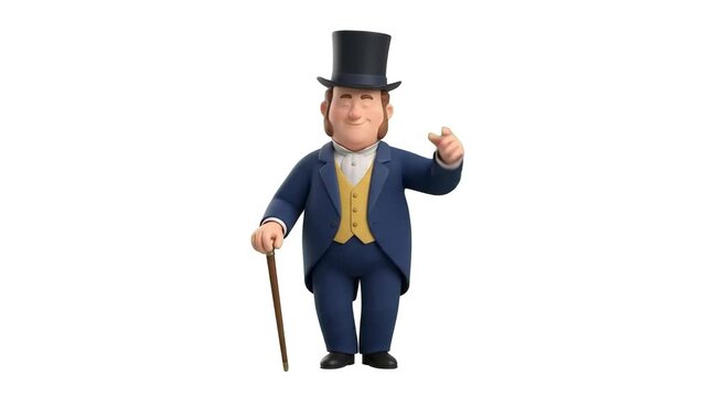 A 3D animated cartoon character of a wealthy Victorian gentleman with sideburns, a top hat, coat, and walking cane pointing forward, isolated against a solid white studio backdrop. Designed for classi