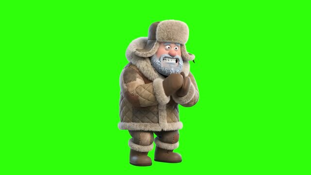 A 3D animated winter explorer or Eskimo character wearing a warm fur coat and ushanka hat, shivering from cold on a chroma key green background. Great for winter promo videos, arctic climate content, 