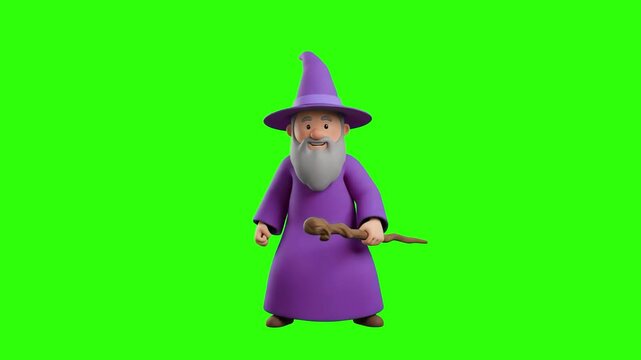 A 3D animated cartoon character of a wise old wizard with a long grey beard wearing a purple robe and pointy hat holding a wooden staff, set against a bright chroma key green screen backdrop. Ideal fo