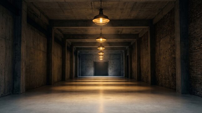 A long, dark concrete tunnel with industrial pendant lights illuminating a path to a distant door.