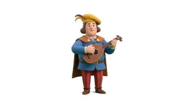 A friendly 3D animated medieval bard mascot playing a wooden lute on an isolated white background. Perfect for fantasy games, educational history visualizers, musical promos, storybook character desig