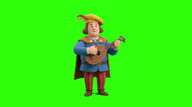 A cheerful 3D animated medieval troubadour or bard wearing a feathered hat, playing a lute string instrument on a chroma key green background. Ideal for historical animations, fantasy RPG games, fairy