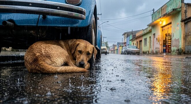 Caramel Dog Resting Under a Car on a Rainy Urban Street