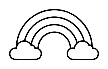 Obraz premium Hand drawn black outline rainbow arching over two fluffy clouds, simple linear vector icon illustration with monochrome minimal style for weather and sky themed designs