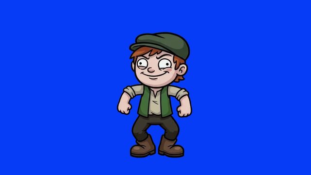 A 2D animated Irish boy character or young leprechaun wearing a green flat cap and vest, standing in a wide ready stance on a solid blue studio background. Perfect for Saint Patrick's Day animations, 