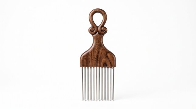 Ornate Wooden Hair Pick with Metal Tines on White Background