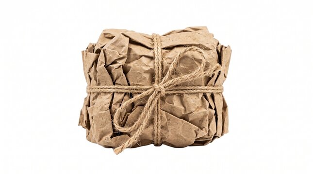 Brown paper package tied with twine on a white background