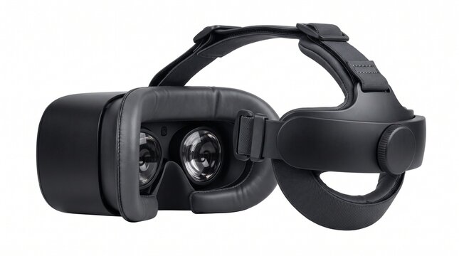 Modern Black Virtual Reality Headset with Adjustable Straps and Lenses on White Background