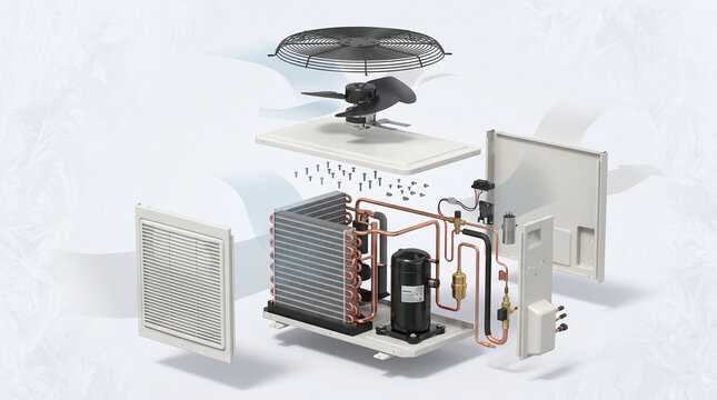 Heat pump components exploded diagram on clean winter background
