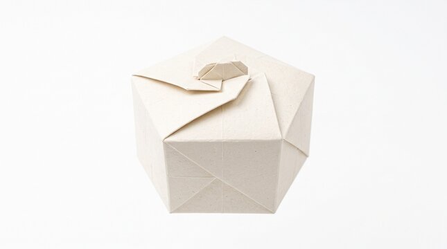 Origami gift box made of beige paper on a white background