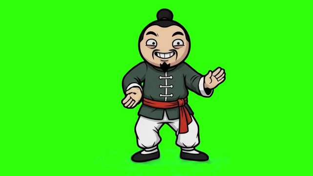 A 2D animated martial arts master character in a traditional martial arts outfit with a red belt, standing in a kung fu fighting stance on a chroma key green background. Excellent for action videos, m
