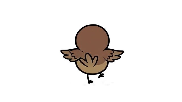 A 2D animated cartoon character of a small brown bird seen from behind, spreading its wings and tail feathers, isolated against a solid white studio backdrop. Perfect for character reference sheets, b