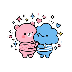 Fototapeta premium Cute cartoon bear and cloud hugging with sparkles