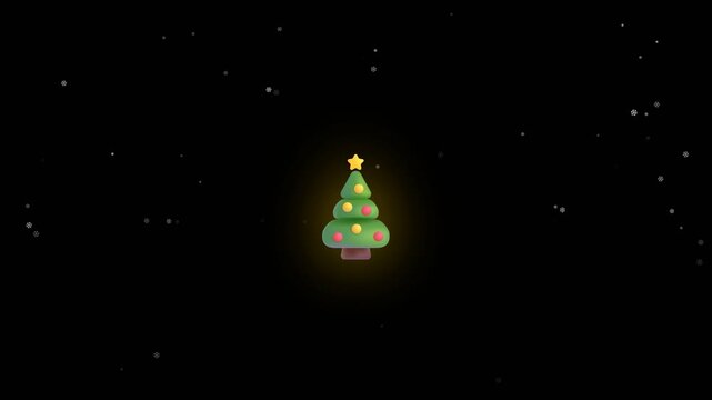 Glowing Christmas tree with snowfall on a black background