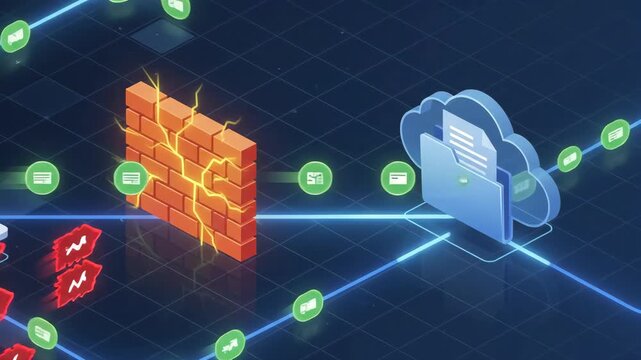 laptop transfers data through glowing cracked firewall into cloud storage folder against dark digital grid background representing network security and secure file management systems