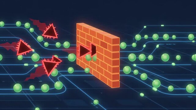 digital brick wall acting as network firewall obstructing flowing data packets represented by glowing green spheres across blue circuit board background