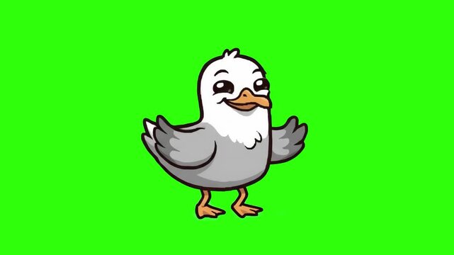 A cheerful 2D animated seagull bird mascot with white and gray feathers, flapping its wings on a chroma key green background. Excellent for coastal animations, sea life projects, video game assets, ki