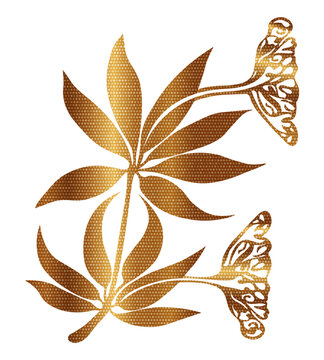 t-shirt print design, illustration of floral leaf t-shirt design. abstract golden color graphic design for apparel clothing . transparent PNG for light and dark color background.