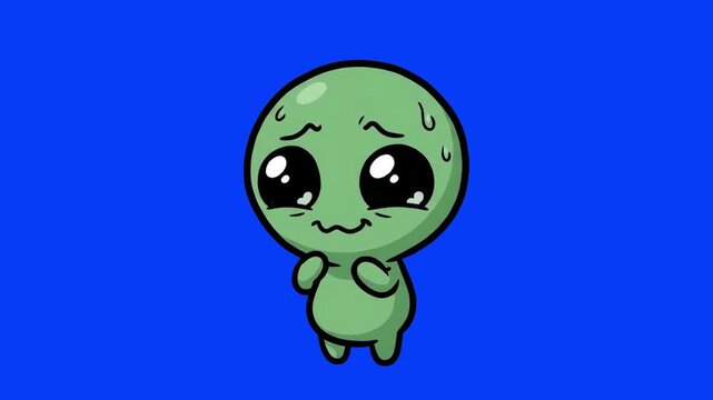 A 2D animated cartoon character of a cute green alien with big glossy eyes sweating nervously, isolated against a solid blue studio backdrop. Designed for sci-fi explainer videos, game character sprit