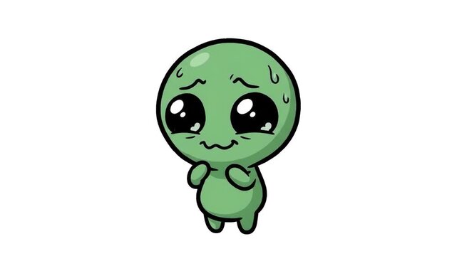 A 2D animated cartoon character of a cute green alien with big glossy eyes sweating nervously, isolated against a solid white studio backdrop. Perfect for emotional reaction animations, sci-fi mobile 